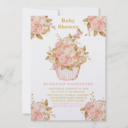 Blush Pink and Gold Floral Cupcake Baby shower Kaart (Voorkant)