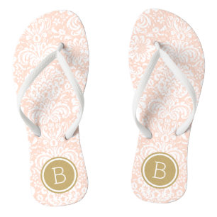 Blush Pink and Gold Floral Damask Monogram Teenslippers