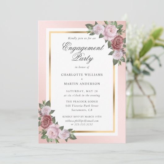 Blush Pink and Gold Floral Engagement Party Kaart (Staand voorkant)