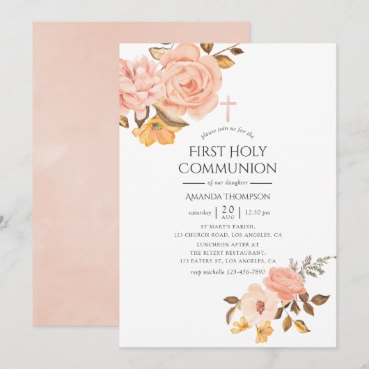 Blush Pink and Gold Floral First Heilige Communie Kaart (Voorkant / Achterkant)