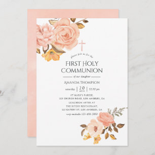 Blush Pink and Gold Floral First Heilige Communie Kaart