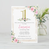 Blush Pink and Gold Floral Girls 1e verjaardag Kaart (Staand voorkant)