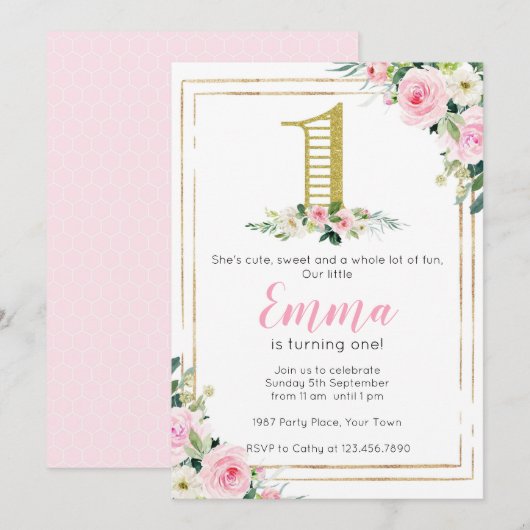 Blush Pink and Gold Floral Girls 1e verjaardag Kaart (Voorkant / Achterkant)