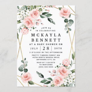 Blush Pink and Gold Floral Greenery Baby shower Kaart