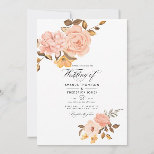 Blush Pink and Gold Floral Weddenfoto Kaart (Voorkant)