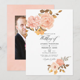 Blush Pink and Gold Floral Weddenfoto Kaart