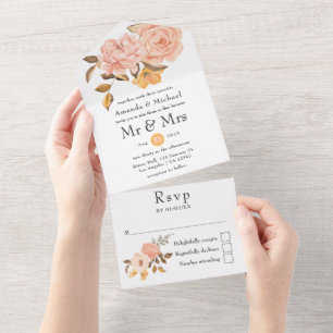 Blush Pink and Gold Floral Wedding All In One Uitnodiging