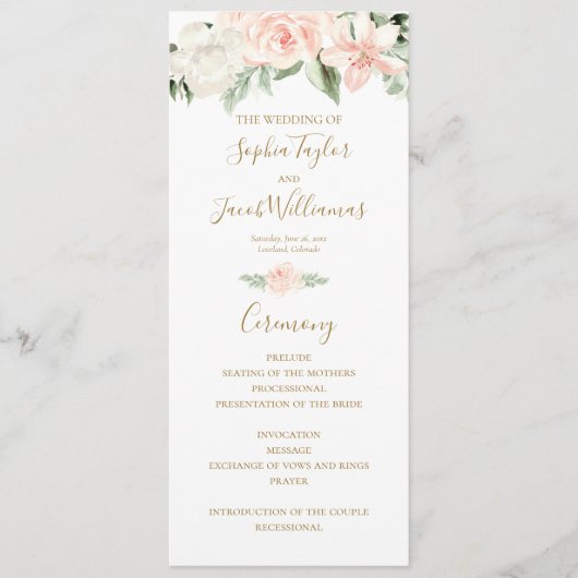 Blush Pink and Gold Floral Wedding Ceremony Programmakaart (Voorkant)