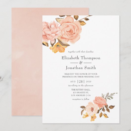 Blush Pink and Gold Floral Wedding Kaart (Voorkant / Achterkant)