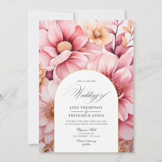 Blush Pink and Gold Floral Wedding Kaart (Voorkant)