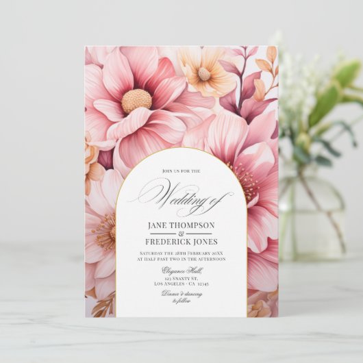 Blush Pink and Gold Floral Wedding Kaart (Staand voorkant)