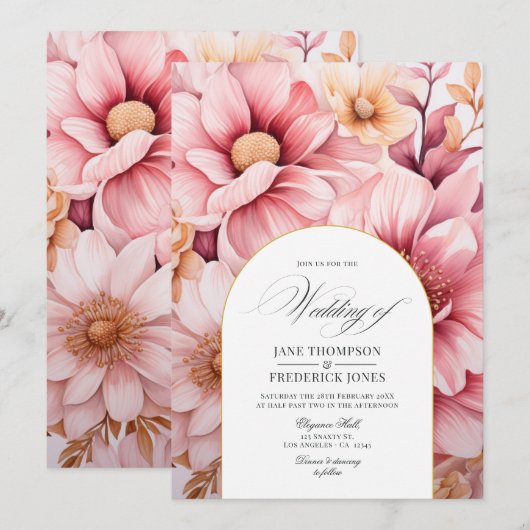 Blush Pink and Gold Floral Wedding Kaart (Voorkant / Achterkant)