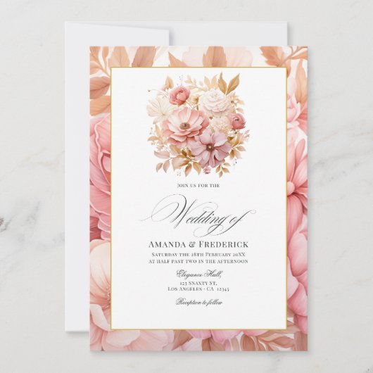Blush Pink and Gold Floral Wedding Kaart (Voorkant)