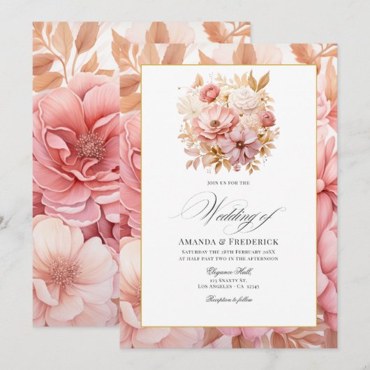 Blush Pink and Gold Floral Wedding Kaart (Voorkant / Achterkant)