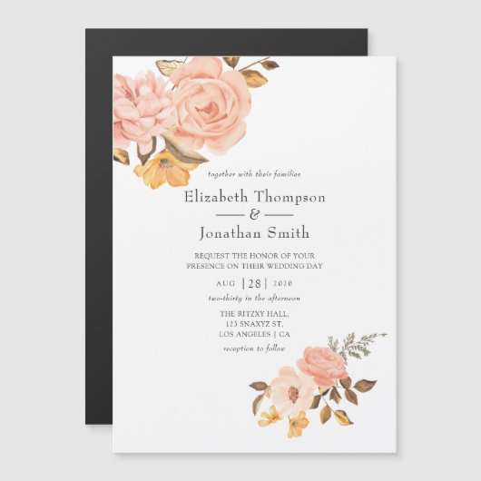 Blush Pink and Gold Floral Wedding Magnetische Uitnodiging (Voorkant / Achterkant)