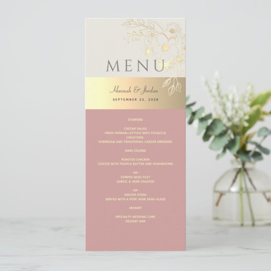 Blush Pink and Gold Floral Wedding Menu (Staand voorkant)