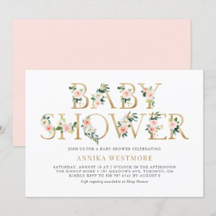 Blush Pink and Gold Foil Floral Girl Baby shower Kaart