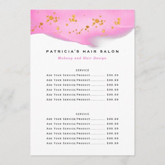 Blush Pink and Gold Glitter Biz-prijslijst Menu (Achterkant)
