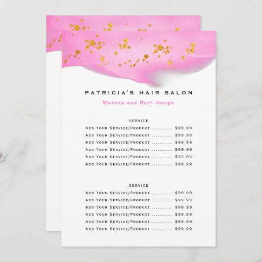 Blush Pink and Gold Glitter Biz-prijslijst Menu (Voorkant / Achterkant)