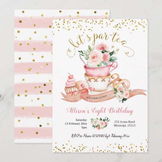 Blush Pink and Gold Let's Par-Tea Girl Birthday I Kaart (Voorkant / Achterkant)
