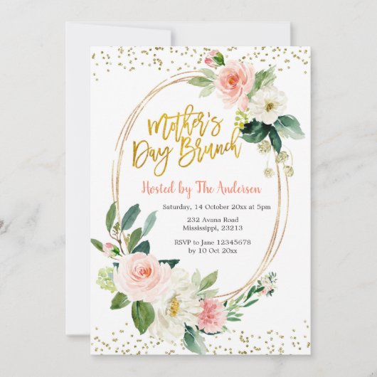 Blush Pink and Gold Moederdag Brunch Invitation Kaart (Voorkant)