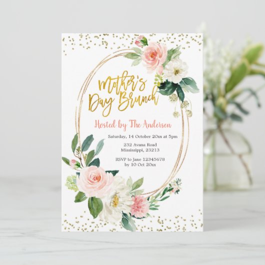 Blush Pink and Gold Moederdag Brunch Invitation Kaart (Staand voorkant)