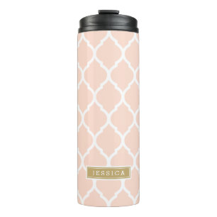 Blush Pink and Gold Moroccan Quatrefoil Monogram Thermosbeker