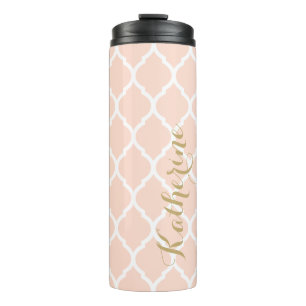 Blush Pink and Gold Moroccan Quatrefoil Monogram Thermosbeker