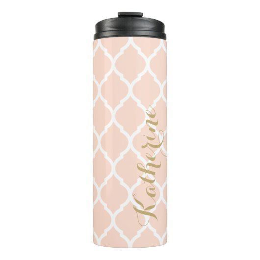 Blush Pink and Gold Moroccan Quatrefoil Monogram Thermosbeker (Voorkant)