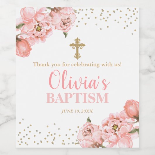 Blush Pink and Gold Peony Baptism Wijn Etiket (Enkel label)