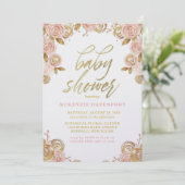 Blush Pink and Gold Peony Chic Girl Baby shower Kaart (Staand voorkant)