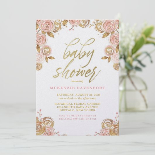 Blush Pink and Gold Peony Chic Girl Baby shower Kaart (Staand voorkant)