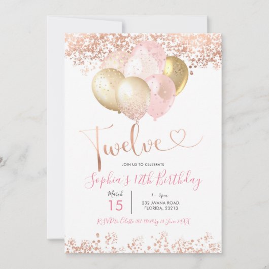 Blush Pink and Gold Twelve Birthday Party Kaart (Voorkant)