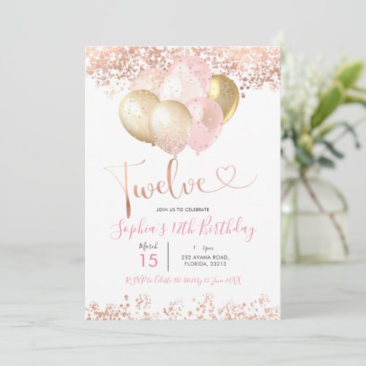 Blush Pink and Gold Twelve Birthday Party Kaart (Staand voorkant)