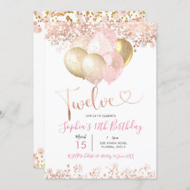 Blush Pink and Gold Twelve Birthday Party Kaart