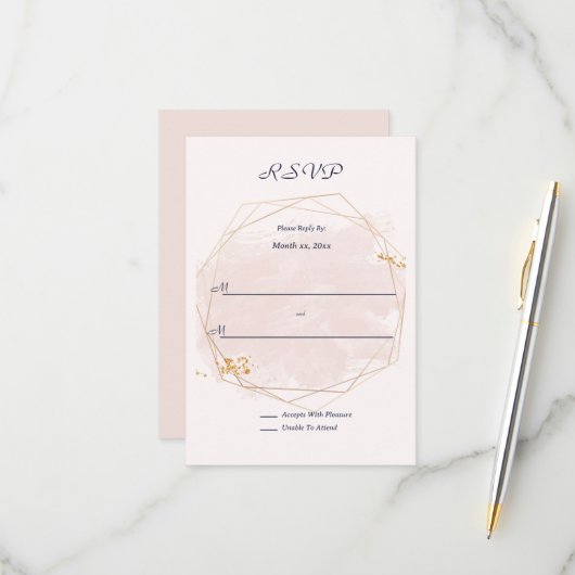 Blush Pink and Gold Wedding RSVP Kaartje (Voorkant / Achterkant in situ)