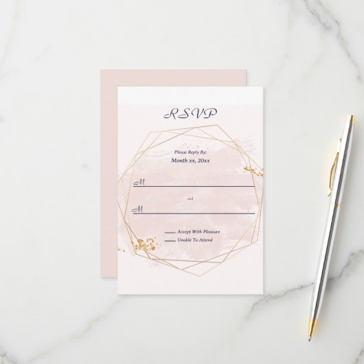 Blush Pink and Gold Wedding RSVP Kaartje (Voorkant / Achterkant in situ)