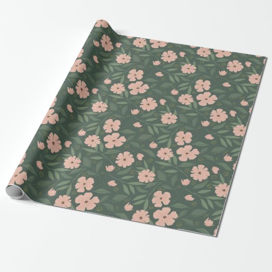 Blush Pink and Hunter Green Floral Pattern Cadeaupapier (Uitgerold)