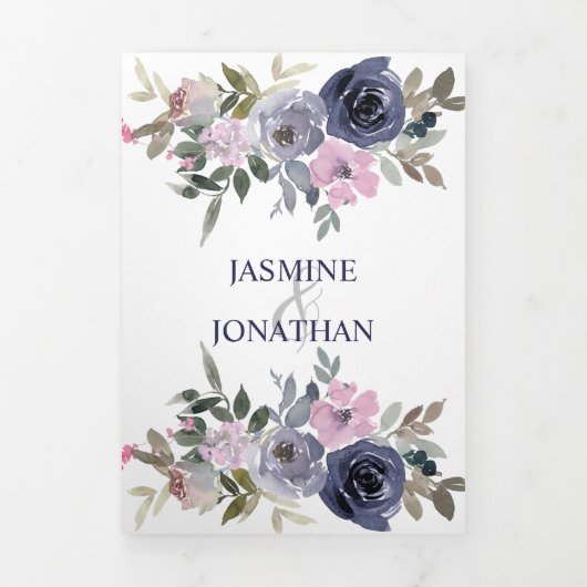 Blush Pink and Indigo Navy Floral Wedding Drieluik Uitnodiging (Cover)