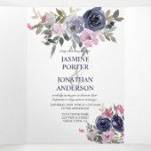 Blush Pink and Indigo Navy Floral Wedding Drieluik Uitnodiging (Binnenkant midden)