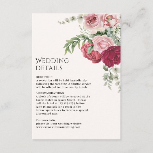 Blush pink and Marsala Rose floral Wedding details Informatiekaartje (Voorkant)