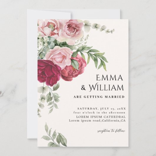 Blush pink and Marsala Rose peony floral Wedding Kaart (Voorkant)