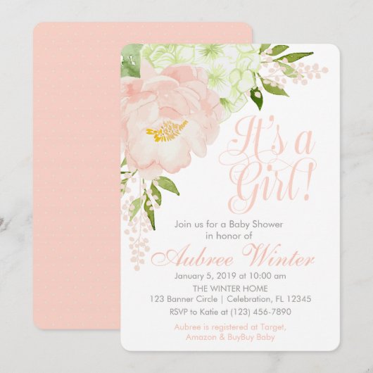 Blush Pink and Mint Spring Floral Girl Baby shower Kaart (Voorkant / Achterkant)