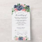 Blush Pink and Navy Blue Floral Bouquet Wedding All In One Uitnodiging (Binnen)
