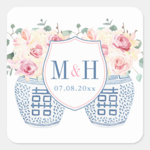 Blush Pink and Navy Chinoiserie Rozen Wedding Logo Vierkante Sticker