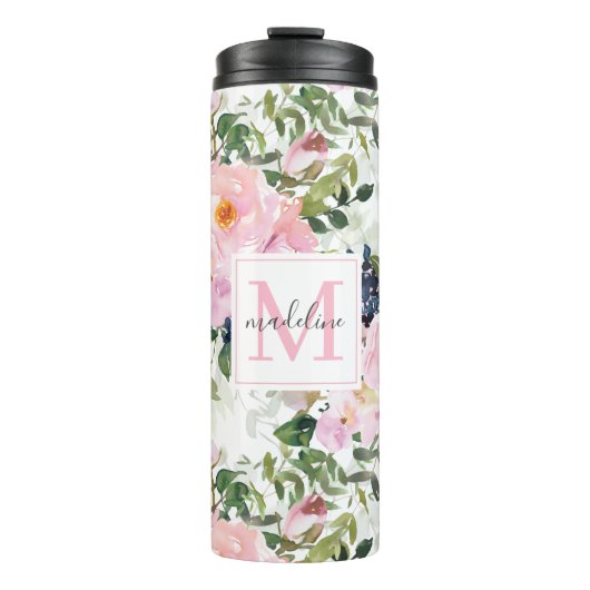 Blush Pink and Navy Waterverf Floral  Thermosbeker (Voorkant)