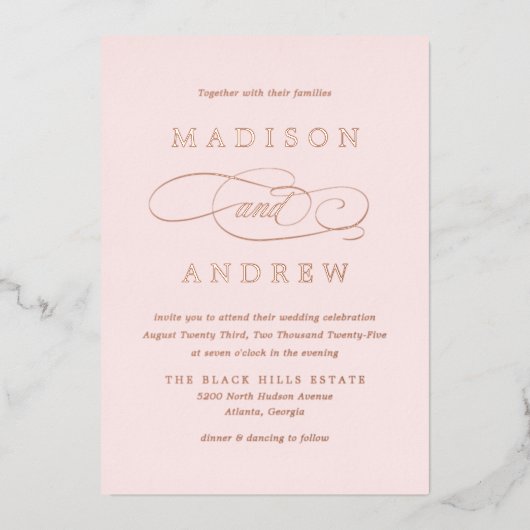 Blush Pink and Roos Gold Calligraphy Wedding Folie Uitnodiging (Voorkant)
