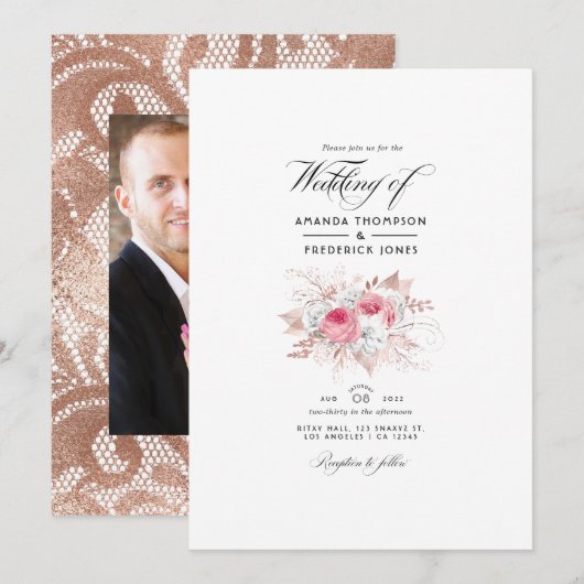 Blush Pink and Roos Gold Floral and Lace Wedding I Kaart (Voorkant / Achterkant)