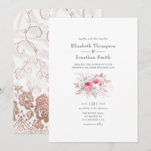 Blush Pink and Roos Gold Floral and Lace Wedding Kaart (Voorkant / Achterkant)