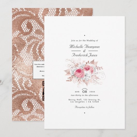 Blush Pink and Roos Gold Floral and Lace Wedding Kaart (Voorkant / Achterkant)